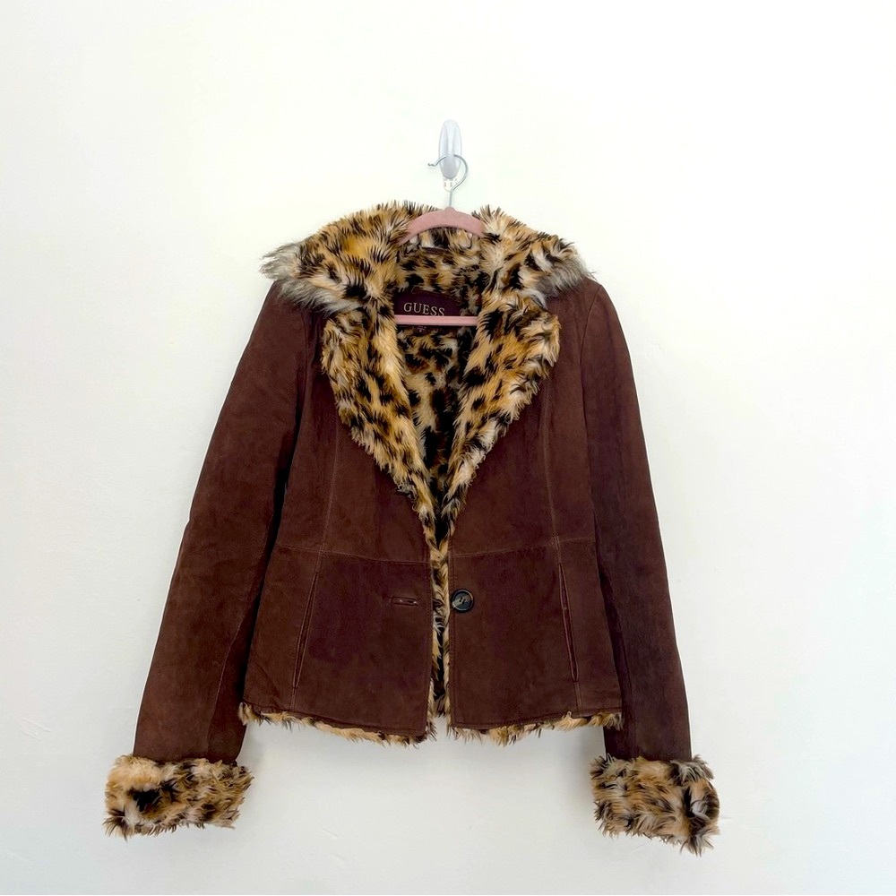 Guess Chocolate Brown Jacket with Leopard Faux Fur
